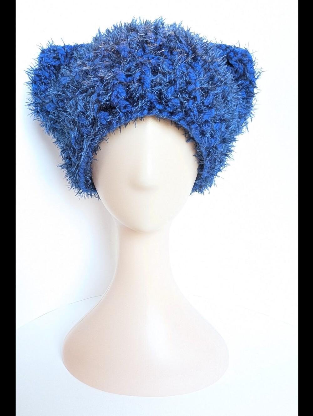 NEW, Blue fuzzy cat ear beanie, crochet, handmade